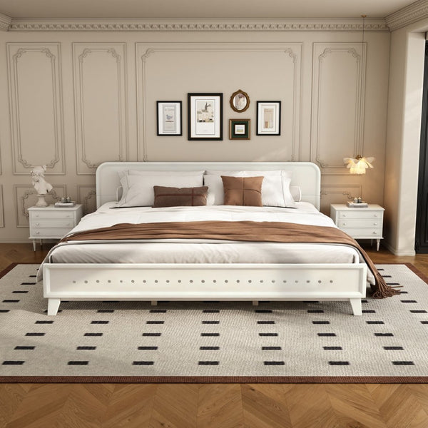 English Elm Pine Solid Wood King Bed Matte Finish Platform Frame Tall Headboard No Box Spring White N770PK291028K
