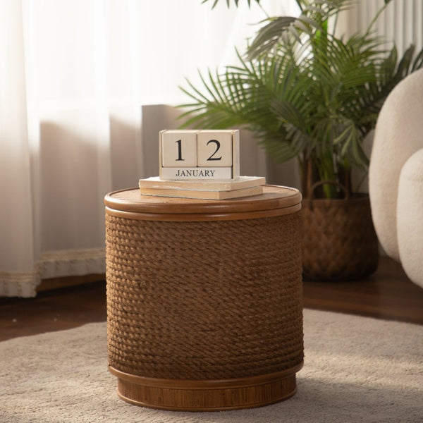 English Elm Round Rattan Storage Coffee Table Hand Woven Hemp Trim Bohemian Accent for Living Rooms W3081P464744