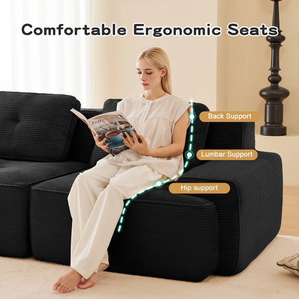 English Elm Modern Corduroy Sectional Sofa Deep Seat V Shape Tufted Couch with Movable Ottoman Black W714S01585