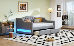English Elm Upholstered Twin XL Daybed with LED Belt and Two Underbed Drawers, Linen Backrest, Modern Storage Elegance Gray DL002060AAE