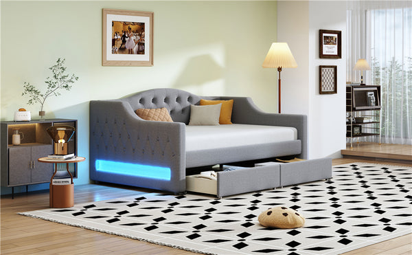 English Elm Upholstered Twin XL Daybed with LED Belt and Two Underbed Drawers, Linen Backrest, Modern Storage Elegance Gray DL002060AAE