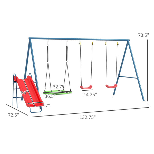 English Elm 3 Activity Kids Metal Swing Set with Nest Spinner Dual Seats and Slide for Backyard T3971P439115