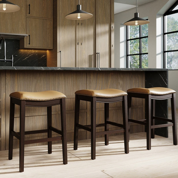 English Elm 31in. Hardwood Barstool Nailhead Faux Leather Seat Club Style Kitchen Island Seating Tan B2751P436413