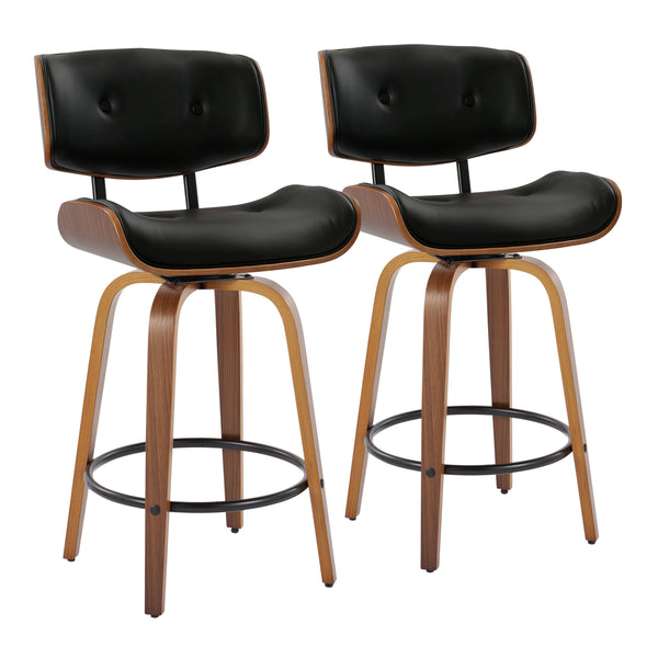 English Elm Lombardi Mid-Century Counter Stool Set of 2 — Walnut Bent Wood Frame, Tufted Faux Leather Swivel, 26" Black B202S00340