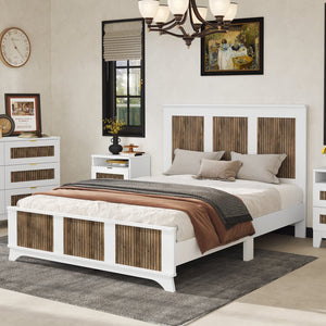 English Elm Farmhouse Wooden Platform Bed Queen with Rustic Strip Headboard, Plywood Slat Support, 700lb Capacity White 67.32 L x 21.77 W x 7.87 H WF530906AAK