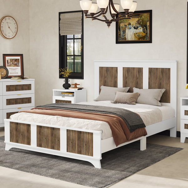 English Elm Farmhouse Wooden Platform Bed Queen with Rustic Strip Headboard, Plywood Slat Support, 700lb Capacity White 67.32 L x 21.77 W x 7.87 H WF530906AAK