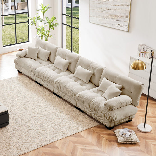 English Elm 4-Seater Plush Chenille Sectional Sofa with Deep Cloud Seats, Modular Design & Bolster Arms for Comfort and Style Light Coffee W714S01031