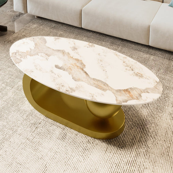 English Elm Modern Oval Coffee Table with Marble-Pattern Sintered Stone Top, Gold Stainless Steel Orb Base, 47.2" CH192938AAK
