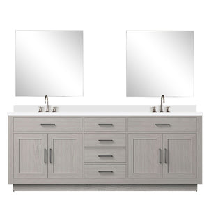 English Elm White Oak Double Bath Vanity Set With White Quartz Top, Mirrors & Chrome Faucets - Ready To Install! B2731S01818-GIGA