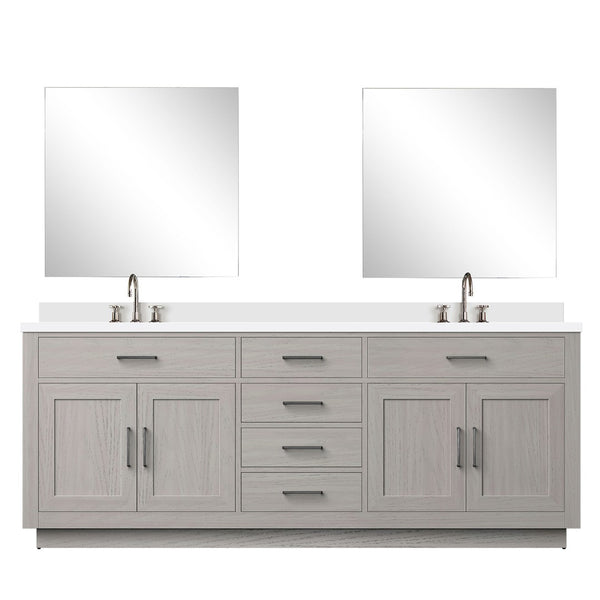 English Elm White Oak Double Bath Vanity Set With White Quartz Top, Mirrors & Chrome Faucets - Ready To Install! B2731S01818-GIGA