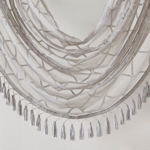 JLA Home Madison Park - Diamond Sheer Valance with Embroidered Diamond Motif, Tassel Trim, Waterfall Drape for Soft Light Grey MP41-4941