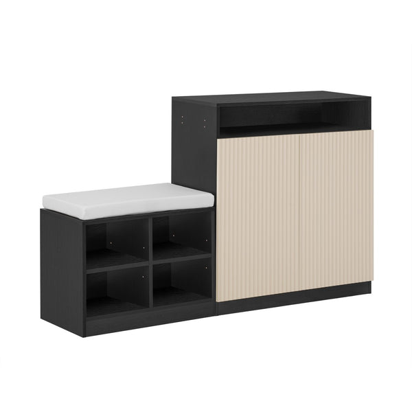 English Elm U_style Entryway Console Set with Wavy Doors Cushioned Bench and Adjustable Shoe Storage N711P345166B