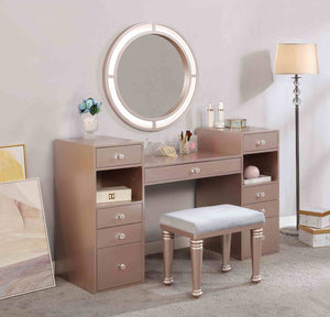 English Elm Glam Elegant Vanity Set with LED Mirror, Plush Stool, Ample Storage, Felt-Lined Drawers, Chic Finish Rosy 23 L x 18 W x 40 H B2741S00680
