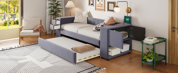 English Elm Twin Upholstered Bed with Trundle and Storage Drawers, USB Ports, French Velvet Luxurious Feel Gray SF000184AAE