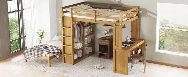 English Elm Full Solid Wood Loft Bed with Removable Lower Bed, Built-In Desk, Shelves & Wardrobe for Space-Saving Designs Natural W1580S00213