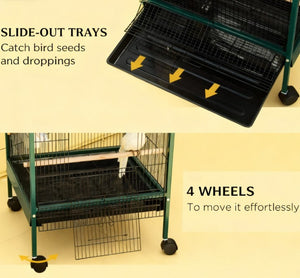 English Elm Large Rolling Aviary Cage for Small Birds with Four Doors and Slide Out Cleaning Trays T3971P423698