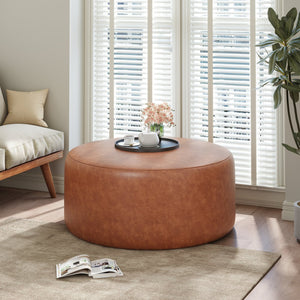 English Elm Christopher Knight Home® - Upholstered Round Ottoman with Faux Leather Upholstery, Dense Foam & Pocket Coil Comfort, 31" Brown,Cognac N757P181733T