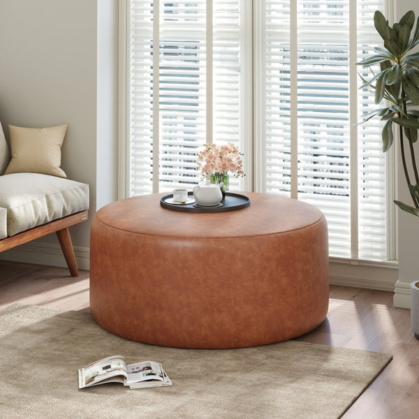 English Elm Christopher Knight Home® - Upholstered Round Ottoman with Faux Leather Upholstery, Dense Foam & Pocket Coil Comfort, 31" Brown,Cognac N757P181733T
