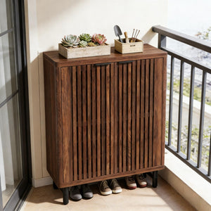 English Elm Wooden Louvered Shoe Cabinet Dark Walnut Finish Entryway Storage Six Shelf T3971P453463