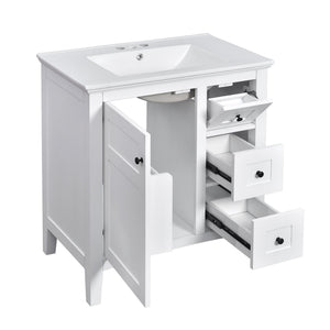English Elm 30 Inch Bathroom Vanity with Ceramic Sink and 3 Smooth-Glide Drawers, Modern Moisture-Resistant Storage White N710P252105K