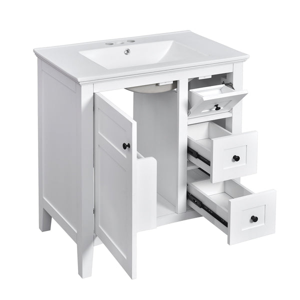 English Elm 30 Inch Bathroom Vanity with Ceramic Sink and 3 Smooth-Glide Drawers, Modern Moisture-Resistant Storage White N710P252105K