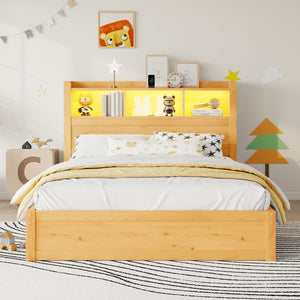 English Elm Twin Wood Storage Bed with Led Headboard Drawers and Pull Out Cabinet for Kids Natural W2593S00051
