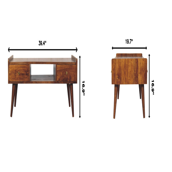 English Elm Elevated Chestnut Media Unit Solid Mango Wood, 2 Drawers + Open Slot, Nordic Legs, Handcrafted Chic B182P316465
