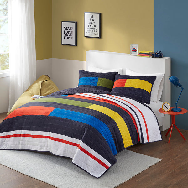 JLA Home Urban Habitat Kids - Stripe Colorblock Quilt Set for Kids — Soft 100% Cotton, Prewashed, OEKO‑TEX & Antimicrobial Finish 88 L x 68 W x 1H UHK13-0222