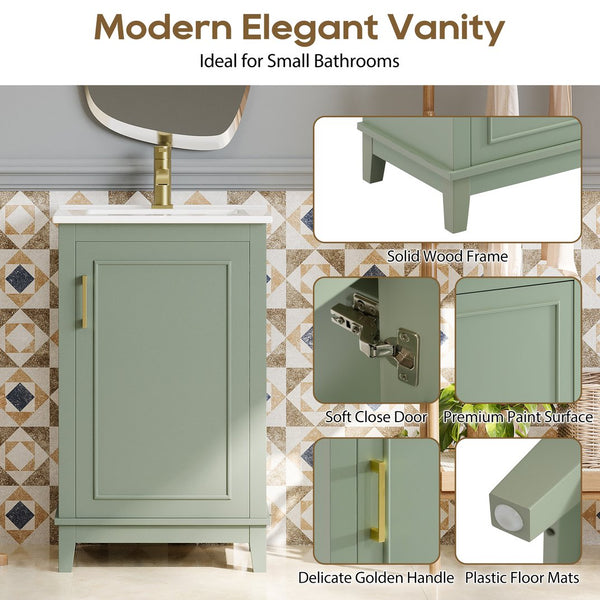English Elm 20 Inch Modern Small Bathroom Vanity Cabinet With Ceramic Basin, Space-Saving Storage & Soft-Close Door Green N729P170386F