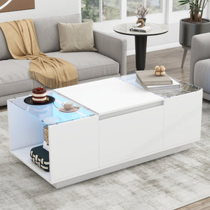 English Elm U-Can LED Coffee Table with Glass Top, 16-Color Bluetooth APP Lighting, Hidden Drawers & Open Storage White N724P290056K