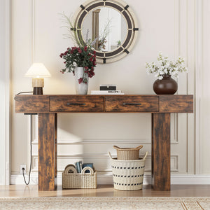English Elm 63-Inch Farmhouse Console Table — 63" Long Sturdy Engineered MDF Entryway Sofa Hallway Display Surface Reddish Brown W1550P317447