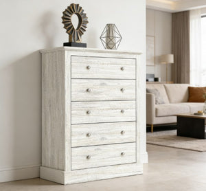 English Elm Wide Five Drawer Farmhouse Chest Distressed Oak Finish Bedroom Entryway Storage T3971P431324
