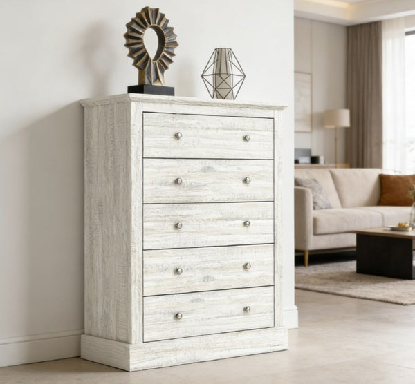 English Elm Wide Five Drawer Farmhouse Chest Distressed Oak Finish Bedroom Entryway Storage T3971P431324