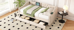 English Elm Upholstered Twin Daybed with Linen Tufted Back Nailhead Arms and Storage Drawers W1670P391274