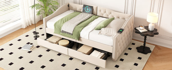 English Elm Upholstered Twin Daybed with Linen Tufted Back Nailhead Arms and Storage Drawers W1670P391274