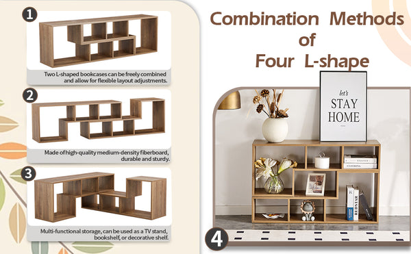 English Elm 2 Pieces Cube TV Stand with Adjustable 55–80" Length, Six Open Shelves, Modern Minimalist Storage and Durable MDF Design Natural Wood W3226P298393