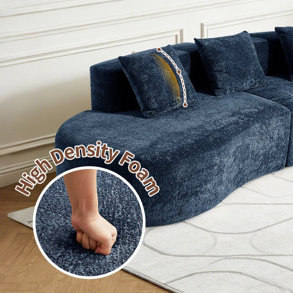 English Elm 3-seater Velvet Curved Sectional Sofa Plush Cloud Design for Open Living Rooms Blue W1765S00122