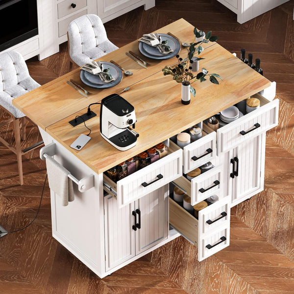 English Elm K&k Farmhouse Rolling Kitchen Island Drop Leaf Power Outlet Five Drawers Cabinet Storage White N707S263094W