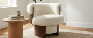 English Elm Modern Sculptural Barrel Swivel Chair Bentwood Frame Polyester Upholstery Accent Seating Beige N760P369230A