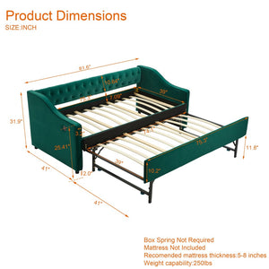 English Elm Twin Velvet Daybed with Pull Out Trundle Tufted Back Usb Port and Side Pockets Emerald W1361S00038