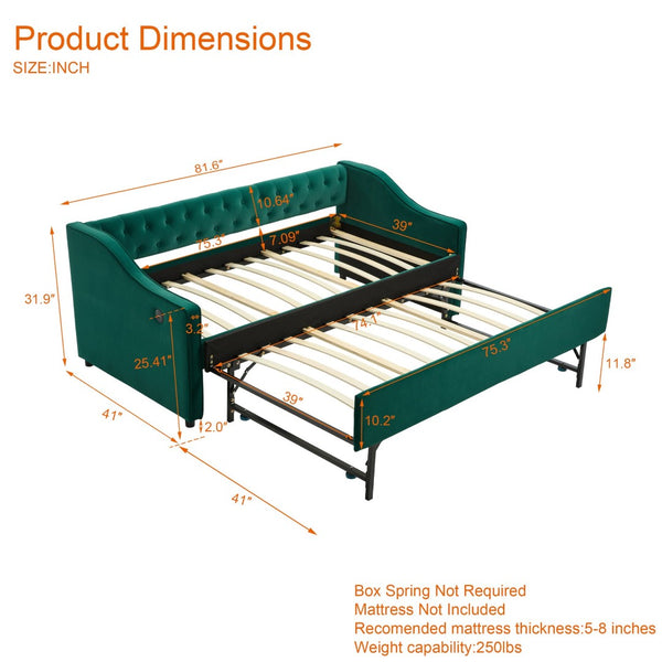 English Elm Twin Velvet Daybed with Pull Out Trundle Tufted Back Usb Port and Side Pockets Emerald W1361S00038