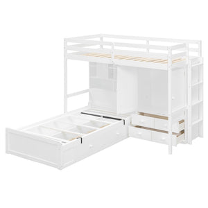 English Elm Twin Bunk Bed with Wardrobe Drawers Hydraulic Lift Shelves Kids Storage White LT000666AAK-1