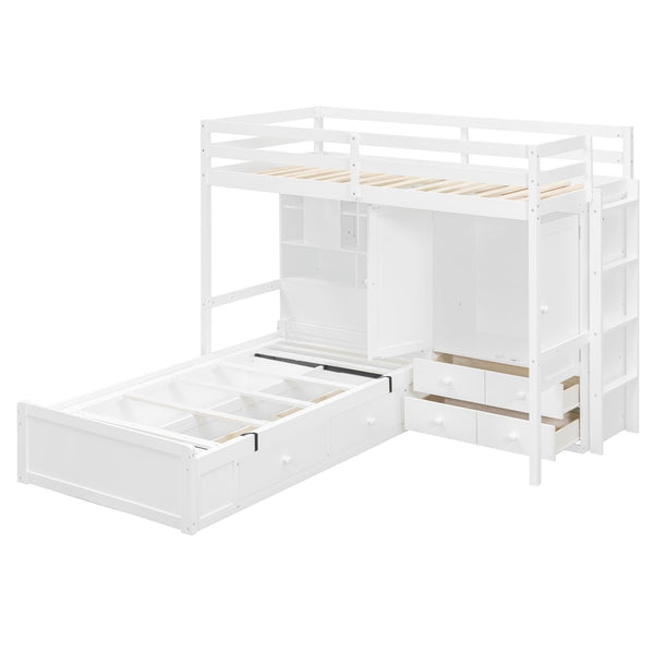 English Elm Twin Bunk Bed with Wardrobe Drawers Hydraulic Lift Shelves Kids Storage White LT000666AAK-1