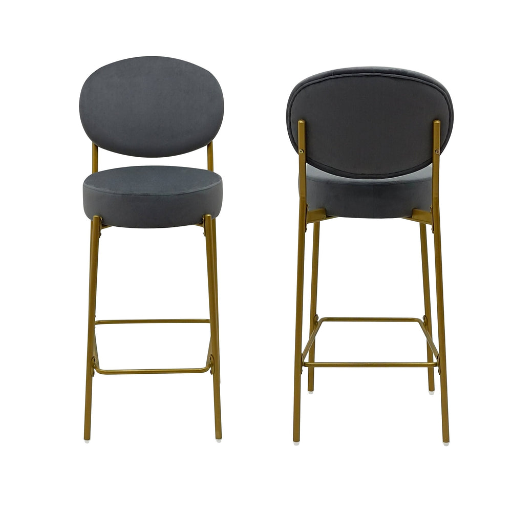 English Elm Set of 2 Velvet Bar Stools with Gold Metal Frame, Round Low-Back Counter Chairs for Kitchen Island Elegance W1757P387427