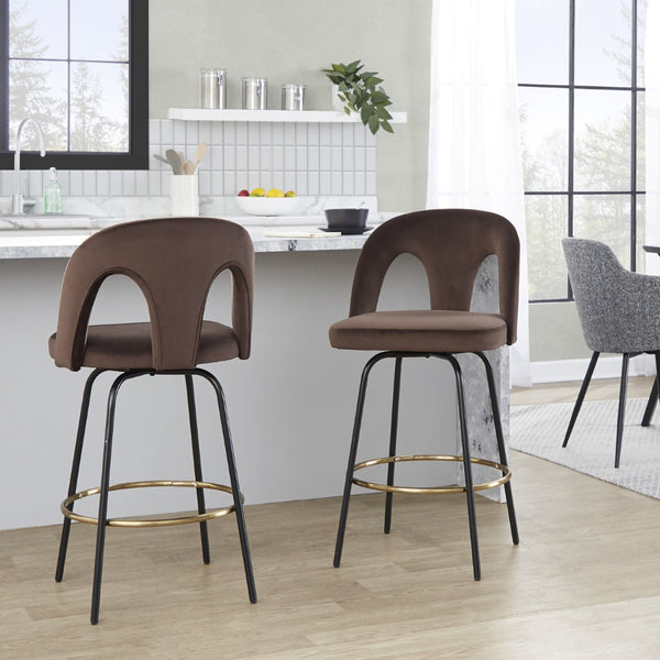 English Elm Fixed-height Swivel Counterstools with White Upholstery Gold Footrest Set of 2 Espresso B202S01791