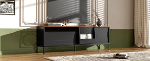 English Elm U-can Mid Century Walnut Media Console with Sliding Doors and Metal Frame for Living Rooms Black N724P360370B