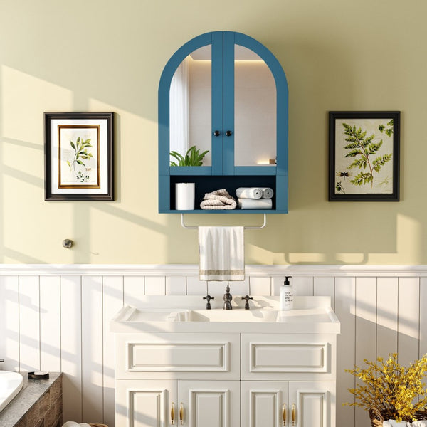 English Elm Wall Mounted Arched Cabinet Tempered Glass Doors Led Lighting Adjustable Shelves Bathroom Turquoise T3210P471558