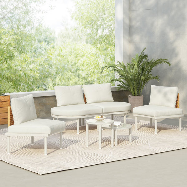English Elm TOPMAX 6-Piece Modular Patio Sofa Set with 2 High-Low Coffee Tables, PE Wicker, Tempered Glass, Cushioned Comfort and Versatile Outdoor Configuration Beige SP100028AAA