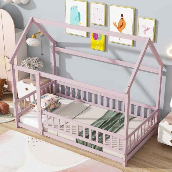 English Elm Twin Size House Floor Bed With Charming Roof Frame, Safety Guardrails & Soft Pink Finish For Kids W504P286405-GIGA