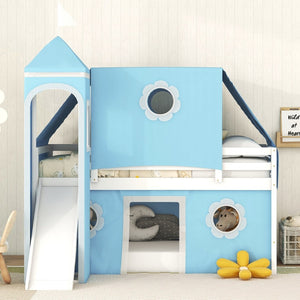 English Elm Twin Castle Loft Bed with Slide Tent Tower and Play Space for Kids Rooms Blue N708P249511C
